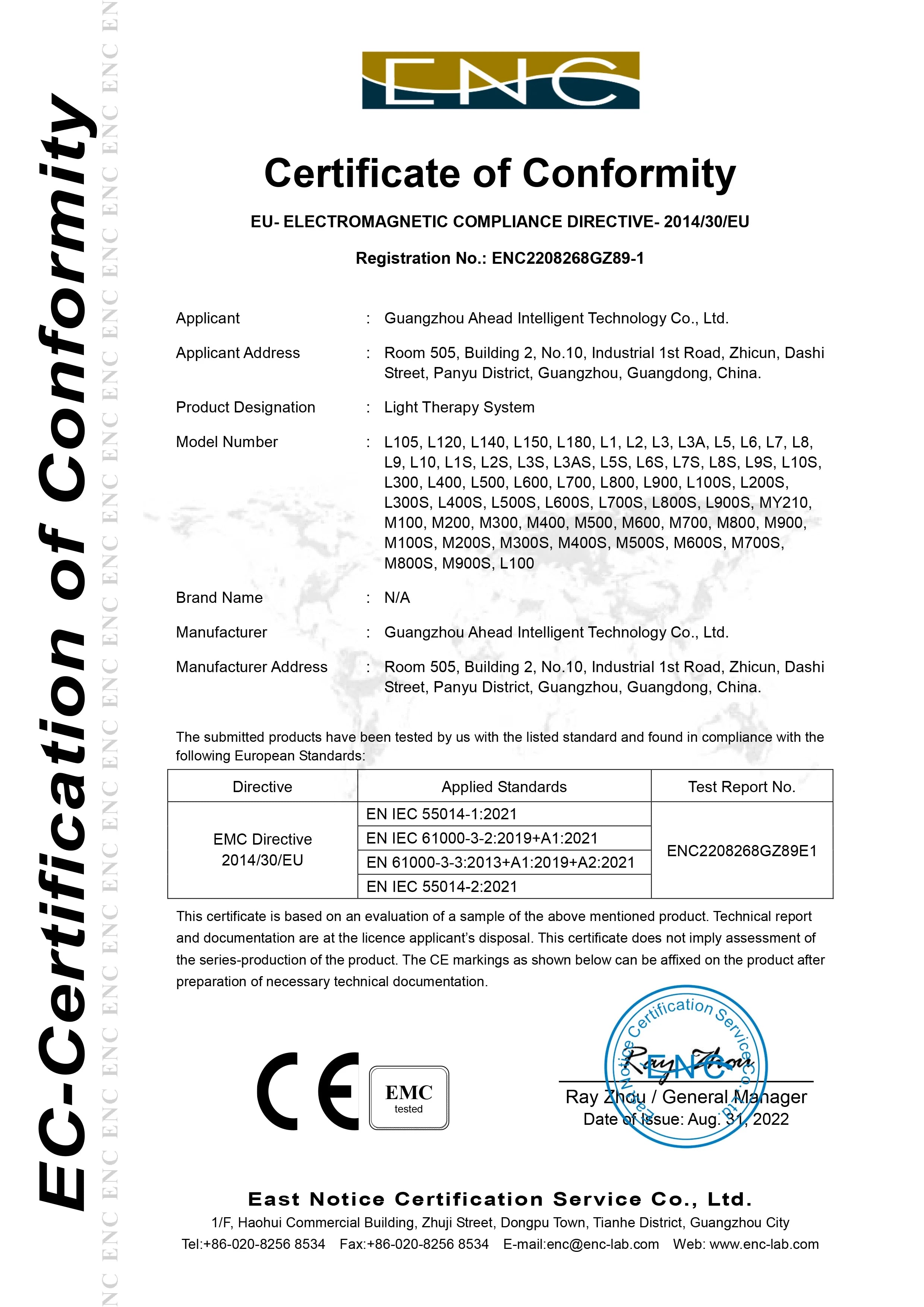 An ENC Certificate of Conformity for a light therapy system, displaying applicant details and compliance standards.
