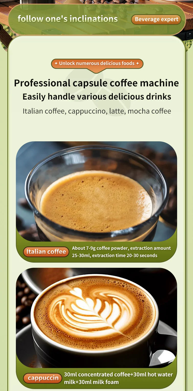 Professional capsule coffee machine making Italian espresso and cappuccino with latte art in a glass cup.