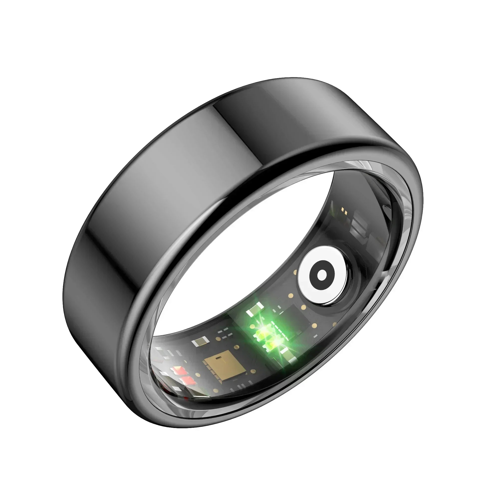 Black health tracker smart ring with lit OLED display and sensor window