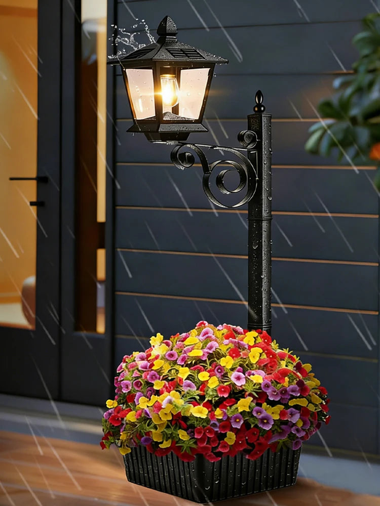 2 In 1 Outdoor Flower Pots Light with Planter Freestanding Planters Lamp Decorative Solar Lamp for Outside/Front Door/Yard/Lawn