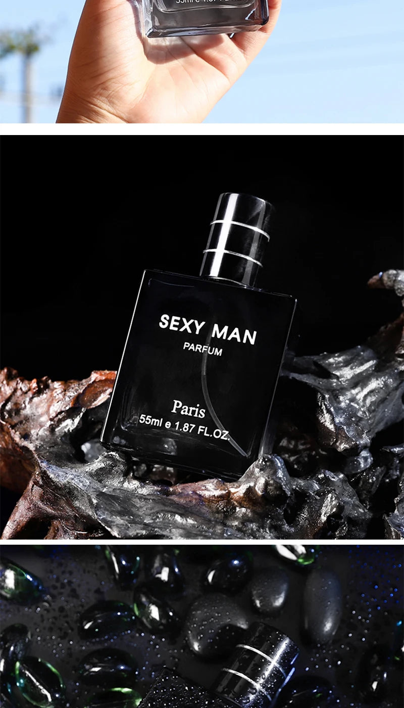 Sexy Man Paris long-lasting parfum for men. 55ml rectangular black cologne bottle, ideal for daily use.