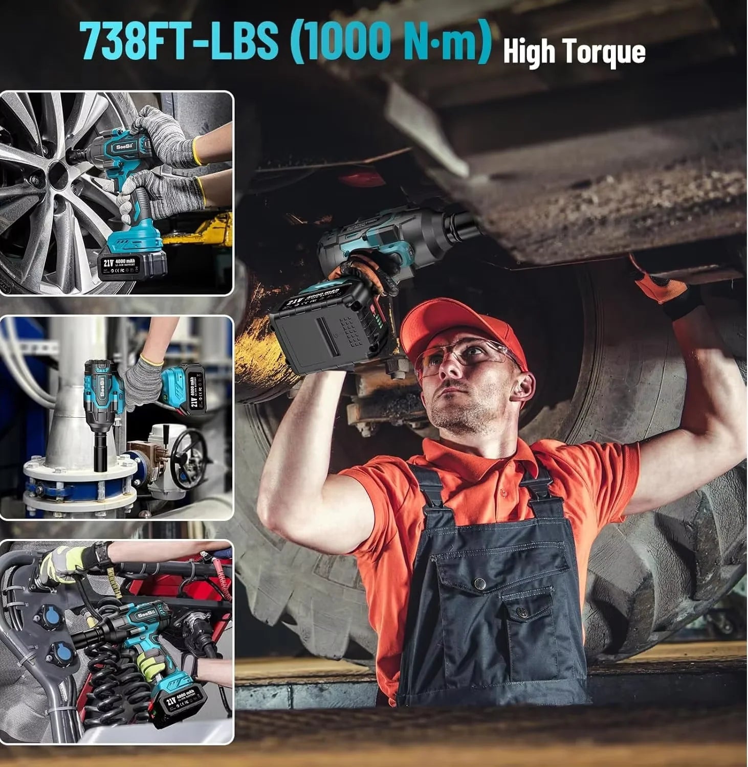 SeeSii 900Nm 1000Nm 1300Nm Cordless Impact Wrench Brushless Electric Impact Gun Kit Battery Powered Tool For Car Tire Repair with 2*4.0Ah Batteries Case LED Light For Makita