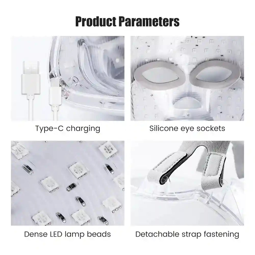 Close-up details of a clear LED facial mask: Type-C charging, silicone eye sockets, LED beads, and adjustable straps.