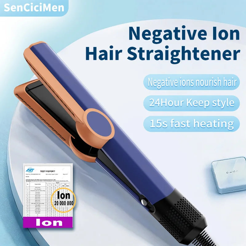 SenCiciMen blue and copper 2-in-1 negative ion hair straightener with floating plates and fast heating technology.