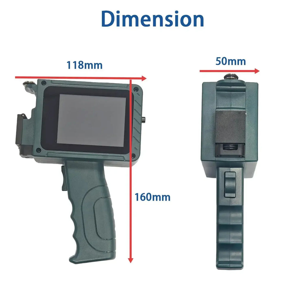 Handheld inkjet coding printer showing front and side dimensions
