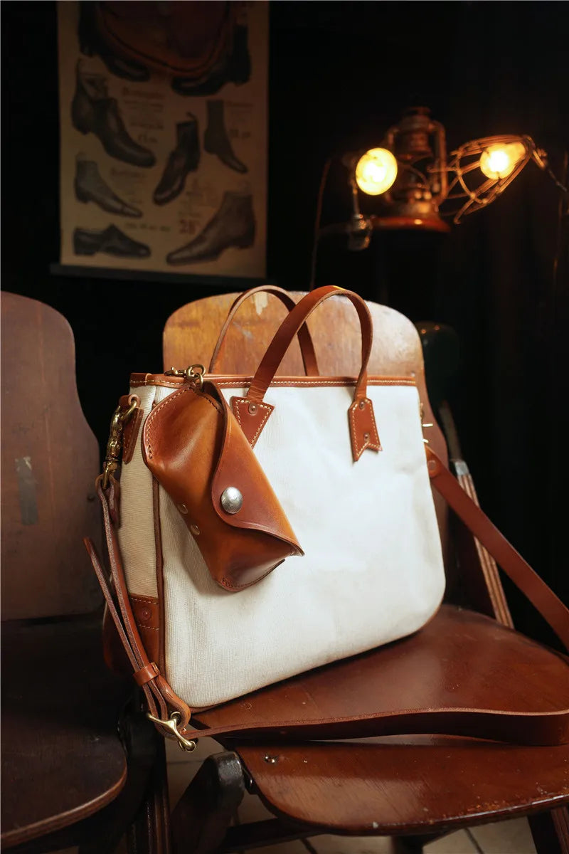 Simple designer handmade thick canvas cow leather men women's handbags outdoor daily work travel large-capacity messenger bag