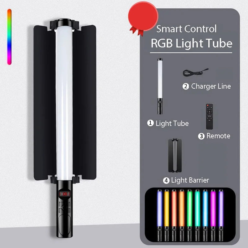 RGB LED light tube with black barn door shutters, handle, remote, and charging cable for adjustable color lighting.