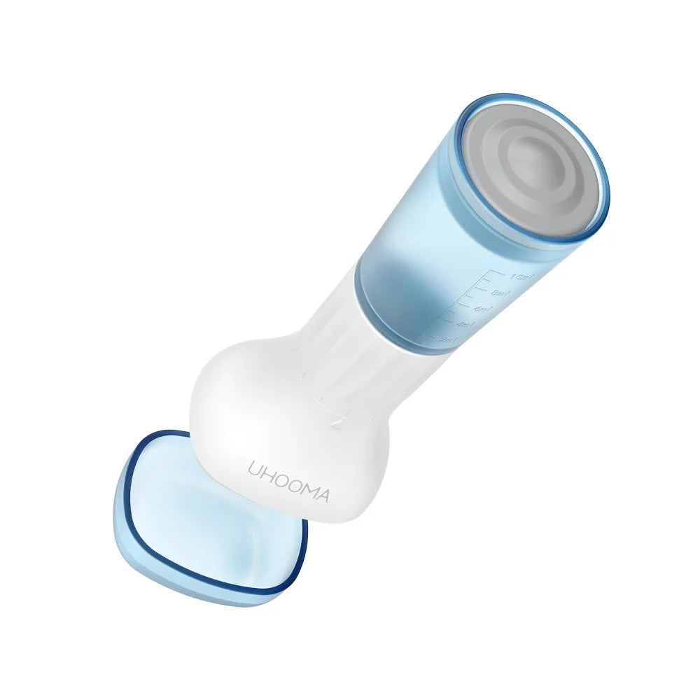 UHOOMA 140-pin derma stamp with serum container for hair regrowth and facial skincare, white and blue design.