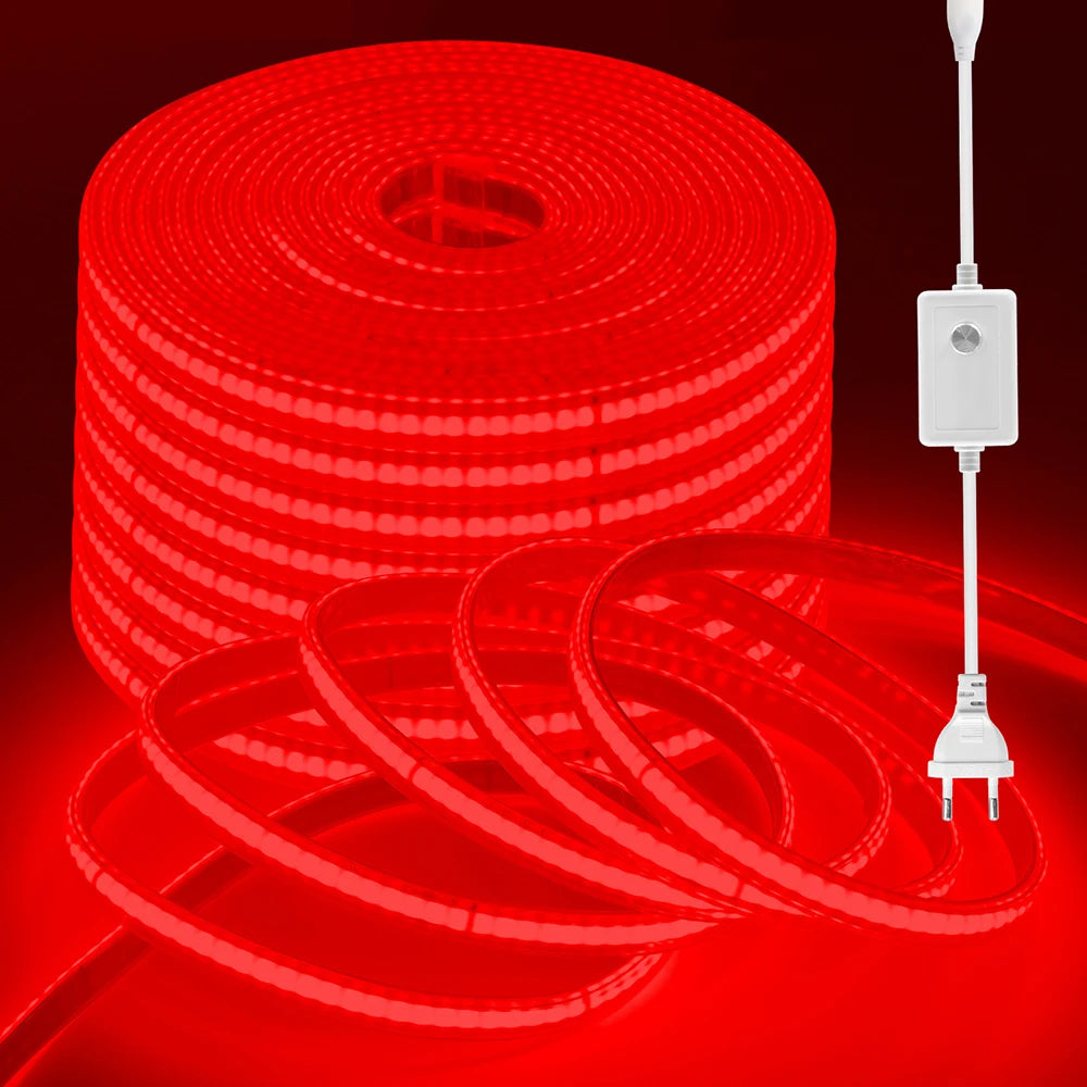 Dimmable COB LED strip light kit, red LED roll with EU plug and inline dimmer switch
