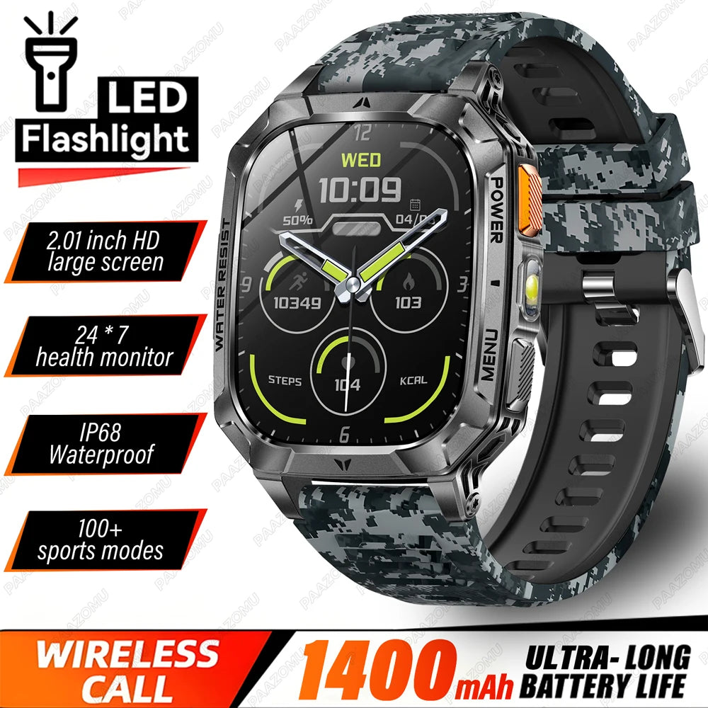 2026 New 1400mAh Big Battery Smart Watch Men Outdoor GPS Flashlight 10ATM Waterproof Bluetooth Call AMOLED HD Sports Smartwatch