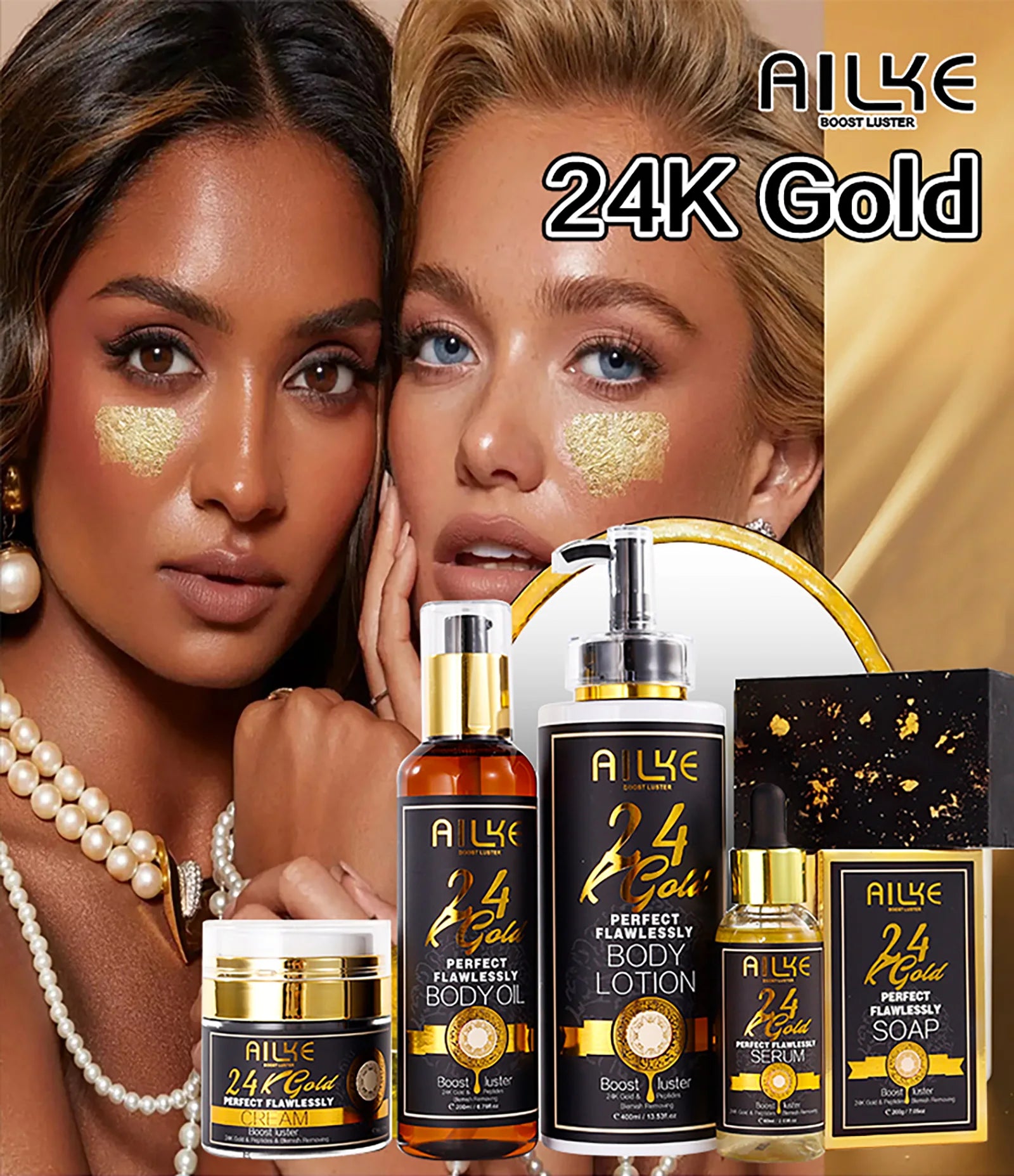 AILKE 24k Gold Flawlessly Whitening Skin Care Set For All Skin Type, Moisturizer, Reduce Black Spots, Smoothing, Brightening