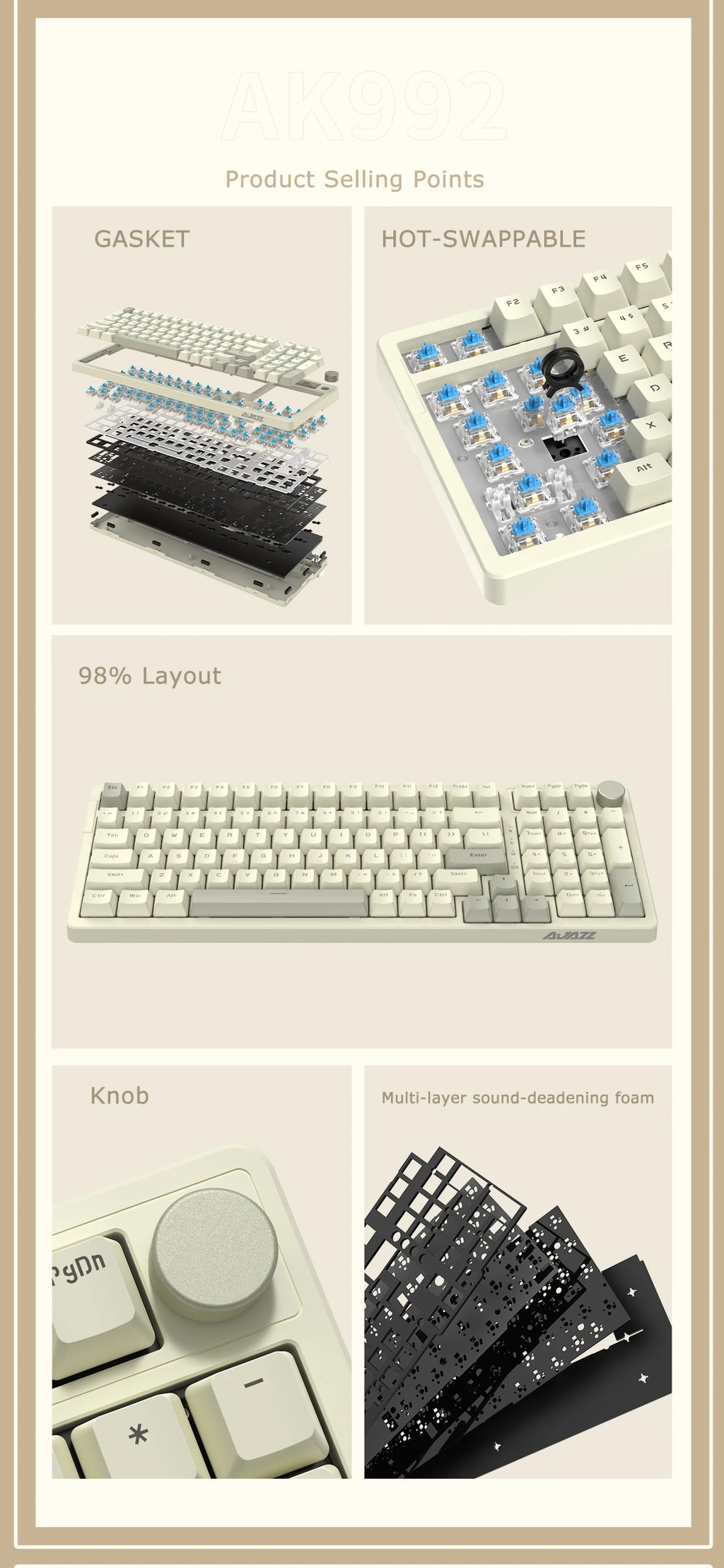 AK992 Retro Wired Mechanical Keyboard 100% 98-Key Full Layout Hot-Swap USB Gaming Keyboard Multimedia Key Knob, Blue Backlight