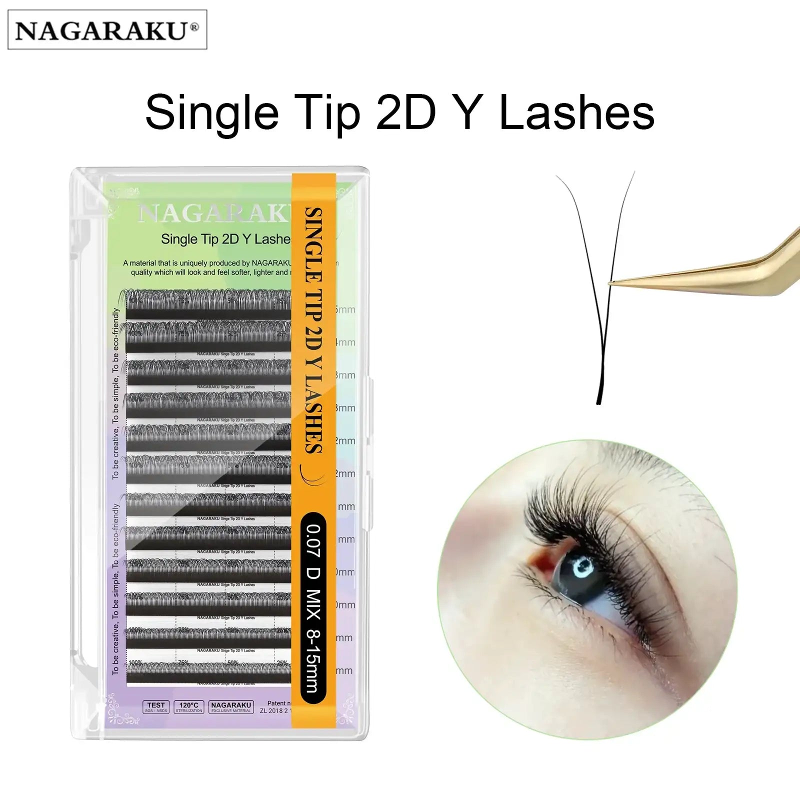 NAGARAKU 0.07mm 2D Y eyelash extension tray and close-up of applied black volume lashes with tweezers.
