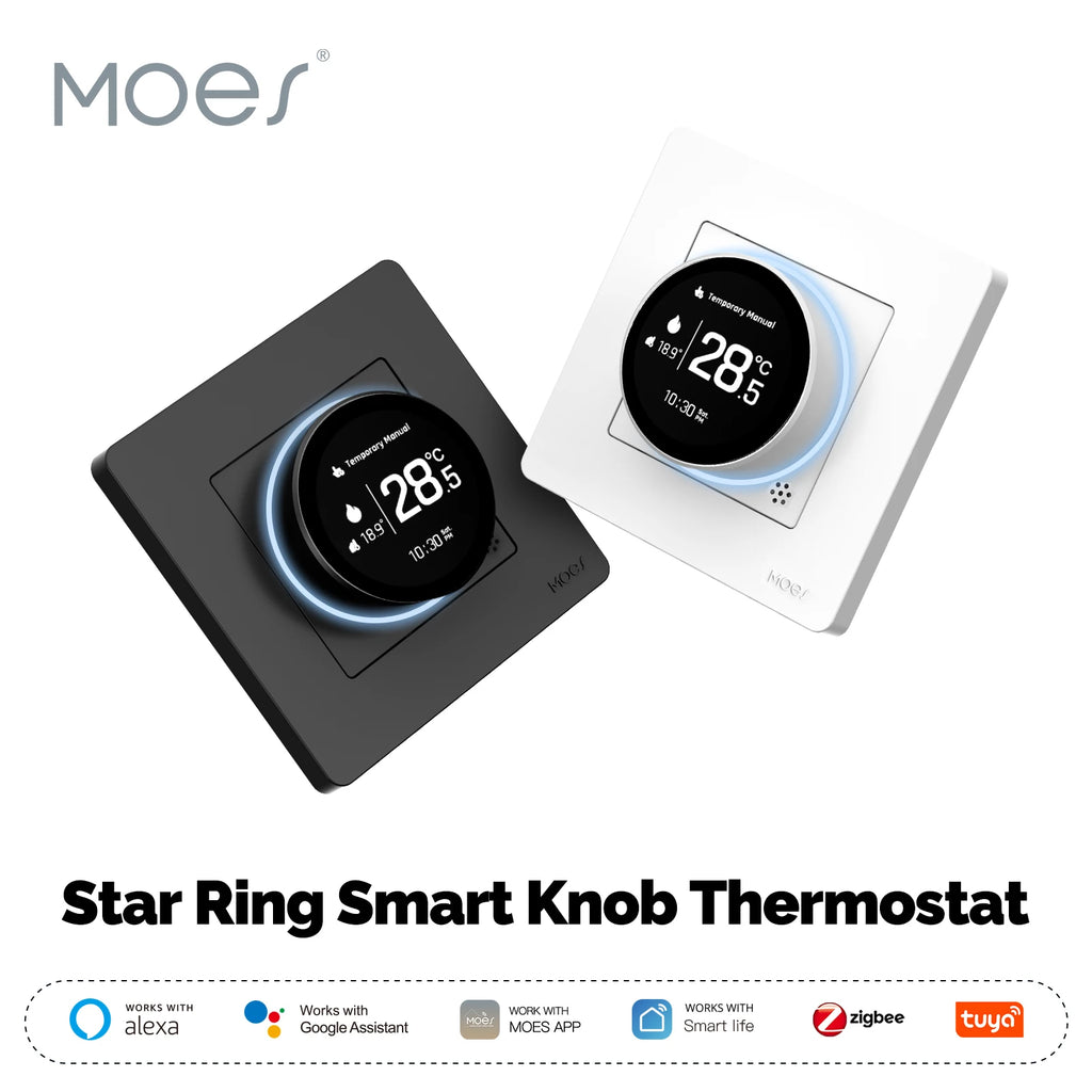 MOES ZigBee Star Ring Smart Thermostat, Knob Control for Water/Electric/Gas Boiler, Works with Alexa Google Home, 9 Languages
