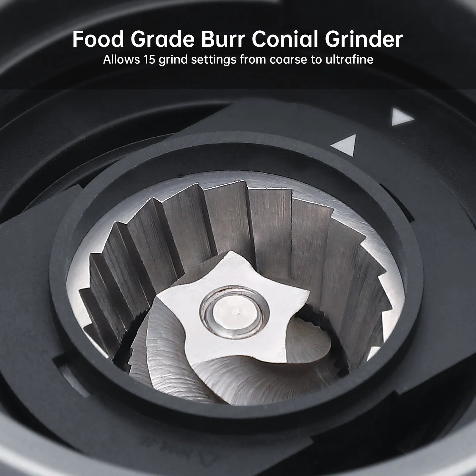 Black coffee grinder with stainless steel conical burr mechanism, featuring 15 adjustable grind settings.