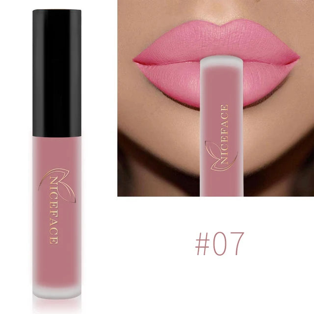 Niceface shade #07 waterproof matte liquid lipstick in a soft pink, showing smooth, long-lasting matte lip makeup.