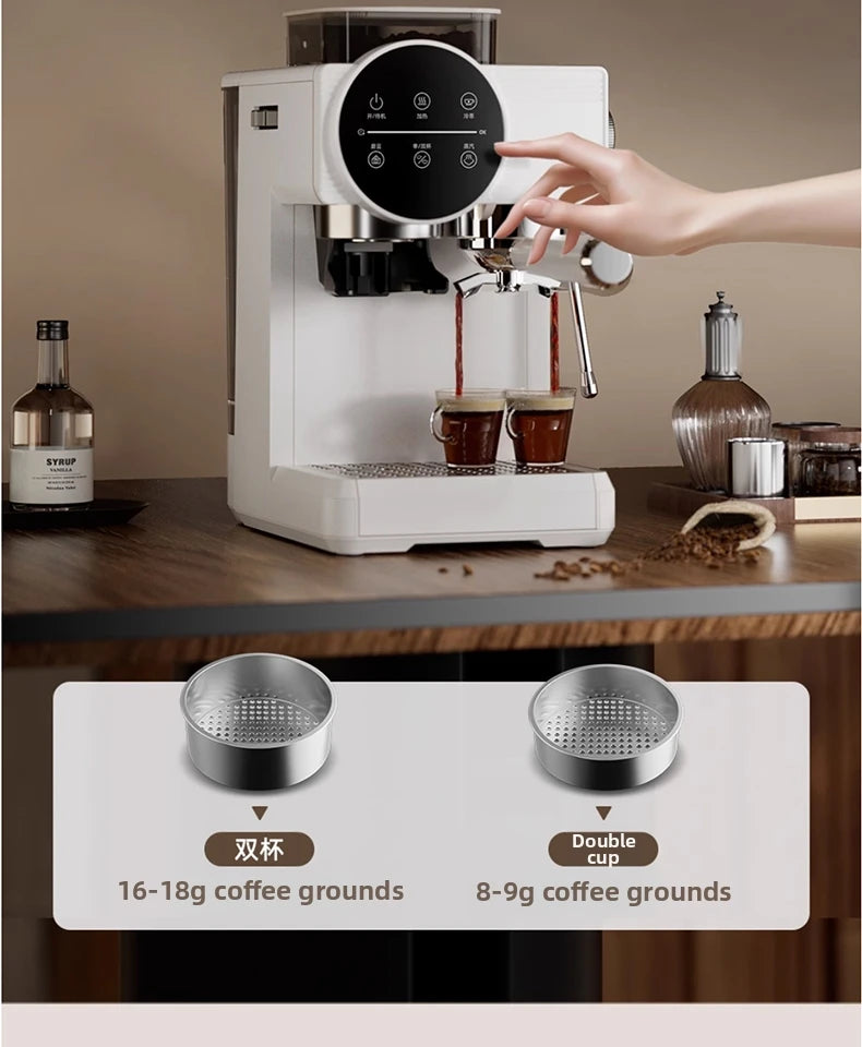 White espresso machine brewing two cups with touch digital display and single or double shot filter basket options.