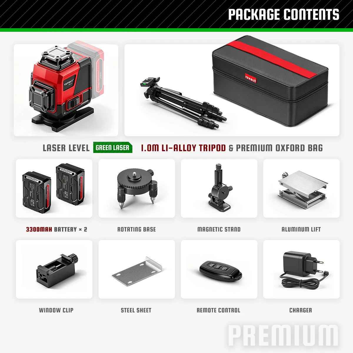 360 green laser level kit with 1 m tripod, carrying bag, rotating base, remote, and charger