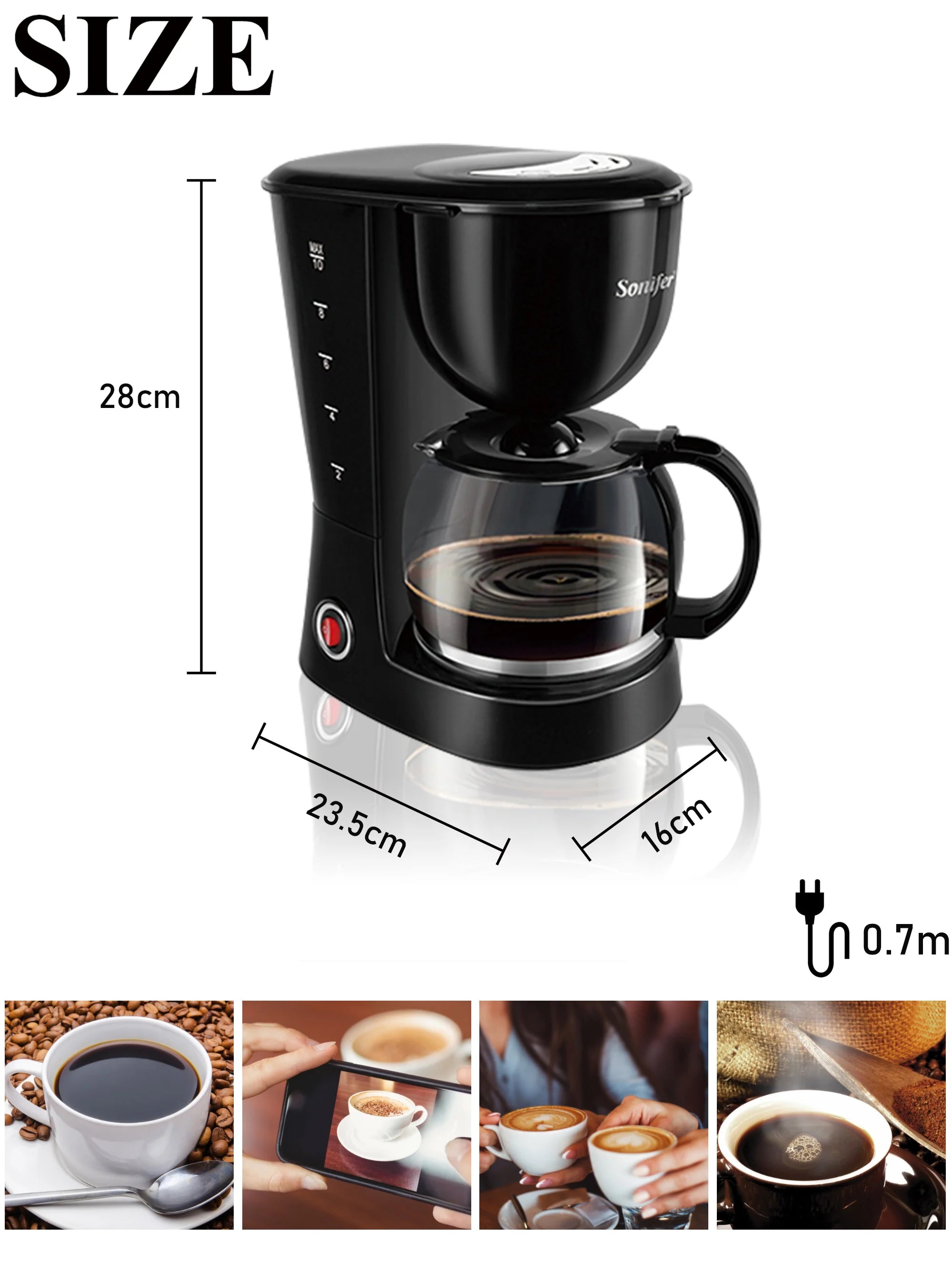 Sonifer black drip coffee maker with glass carafe, 28cm tall, compact design for home kitchen use.