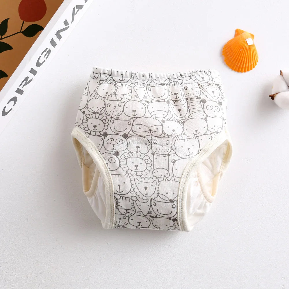 Baby care training diaper with cute animal line art print, soft cotton-feel potty training pants for toddlers.