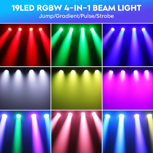 Multi-color LED beam light pattern with red, green, blue, and purple spotlight effects