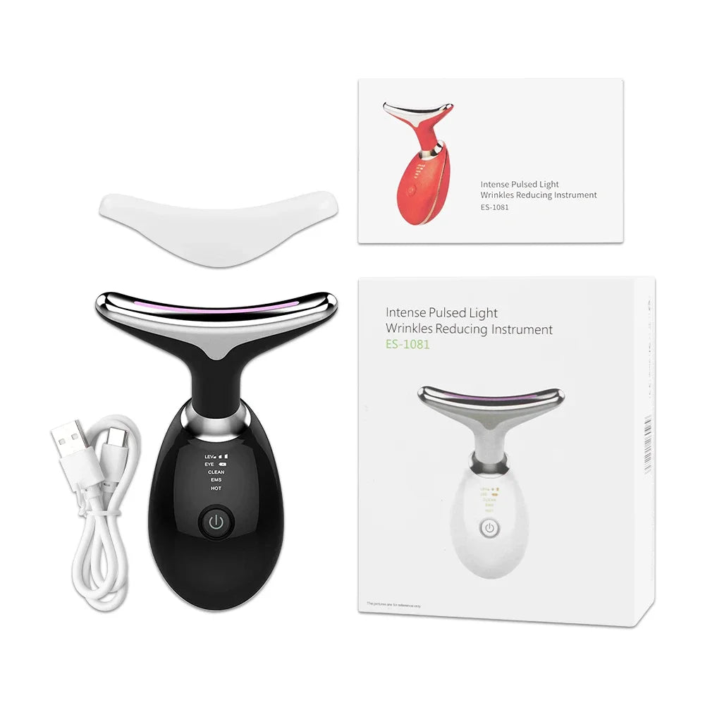 Black and silver LED facial and neck massager with USB cable, protective cover, and product packaging box.