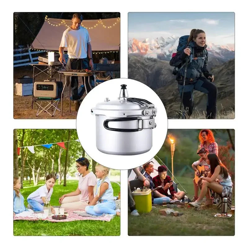 Portable pressure cooker pot with silver lid, black handle and steam valve