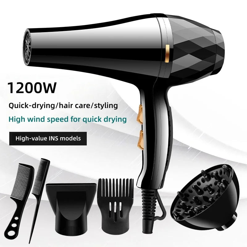 Black 1200W professional hair dryer with diffuser, styling nozzles, and combs for quick drying and salon hair care.