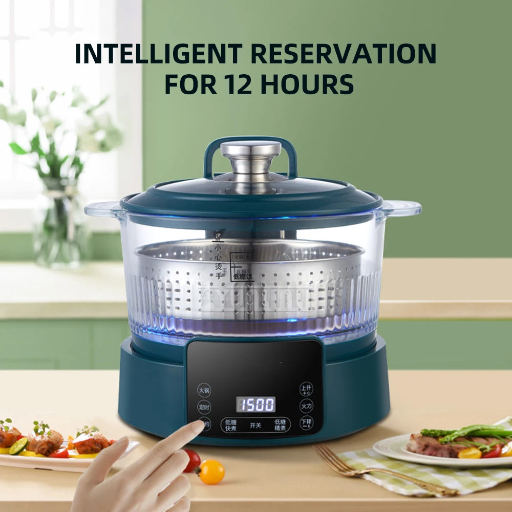 Blue electric rice cooker on base with perforated basket and transparent lid