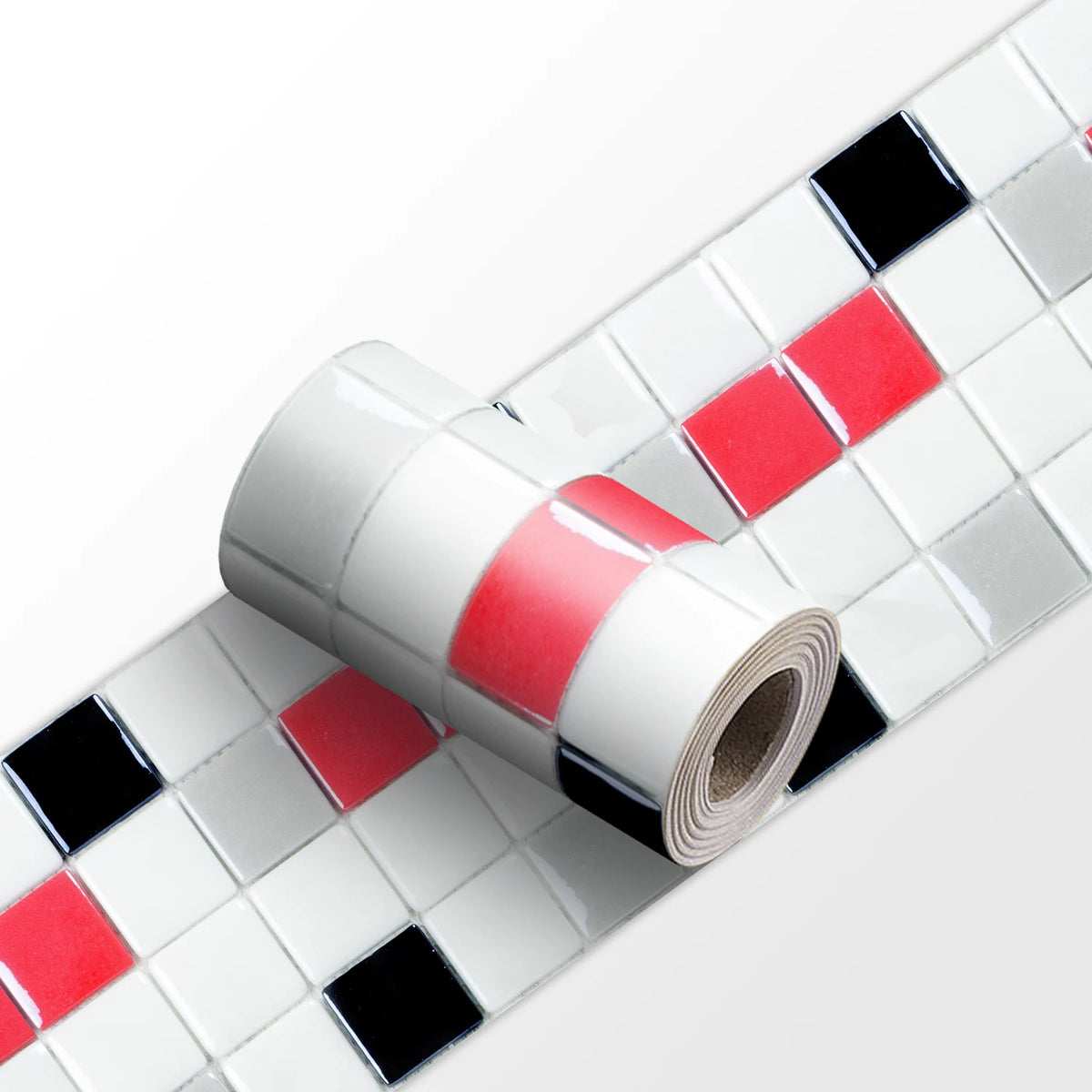Peel-and-stick mosaic tile wall border sticker, red and black square mosaic pattern roll