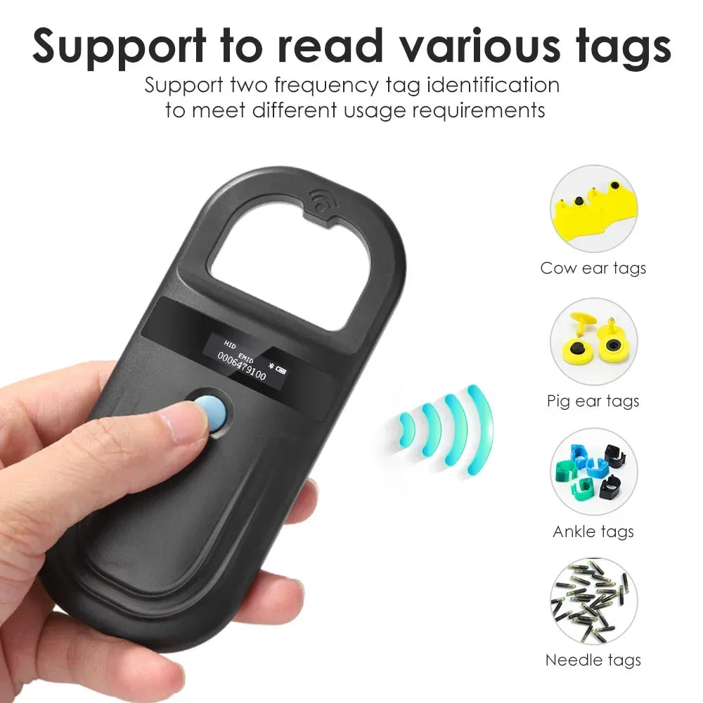 Handheld pet microchip scanner with OLED display for dogs, cats, and livestock RFID ear tags. Rechargeable and portable.
