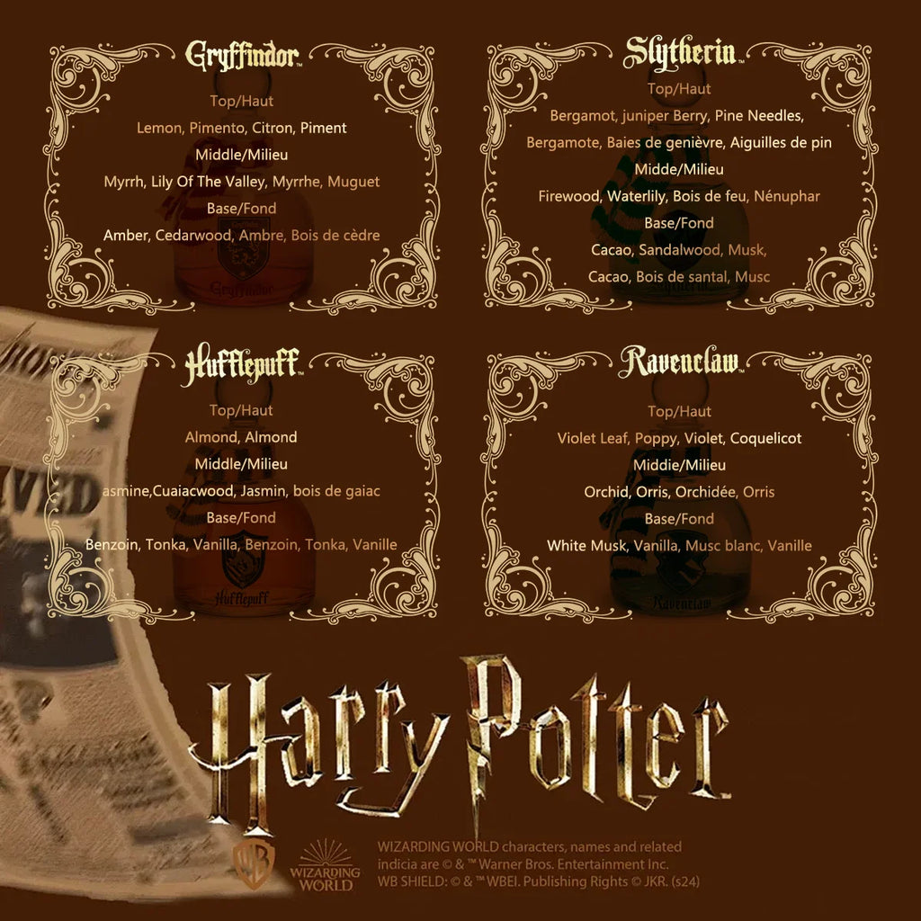 MINISO Harry Potter Magic Academy 4pc Reed Diffuser Oil Set. House-themed aromas: citrus, floral, musk, and woody notes.