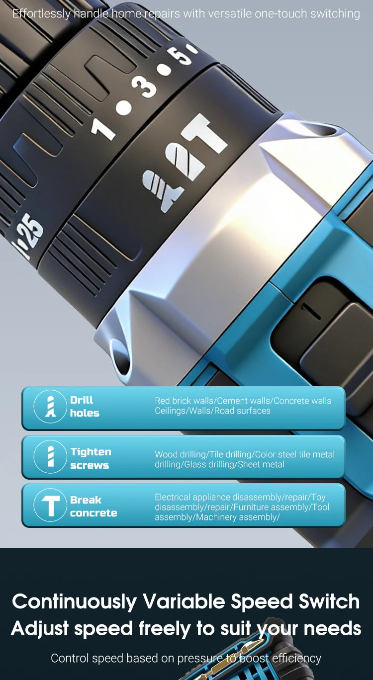 Mamidw 100N.m Industrial Cordless Drill Set, 3/8 Inch Keyless Chuck, LED Lighting, Practical Men Gift, Electric Drill, Compatible with Makita 18V Battery PIN.