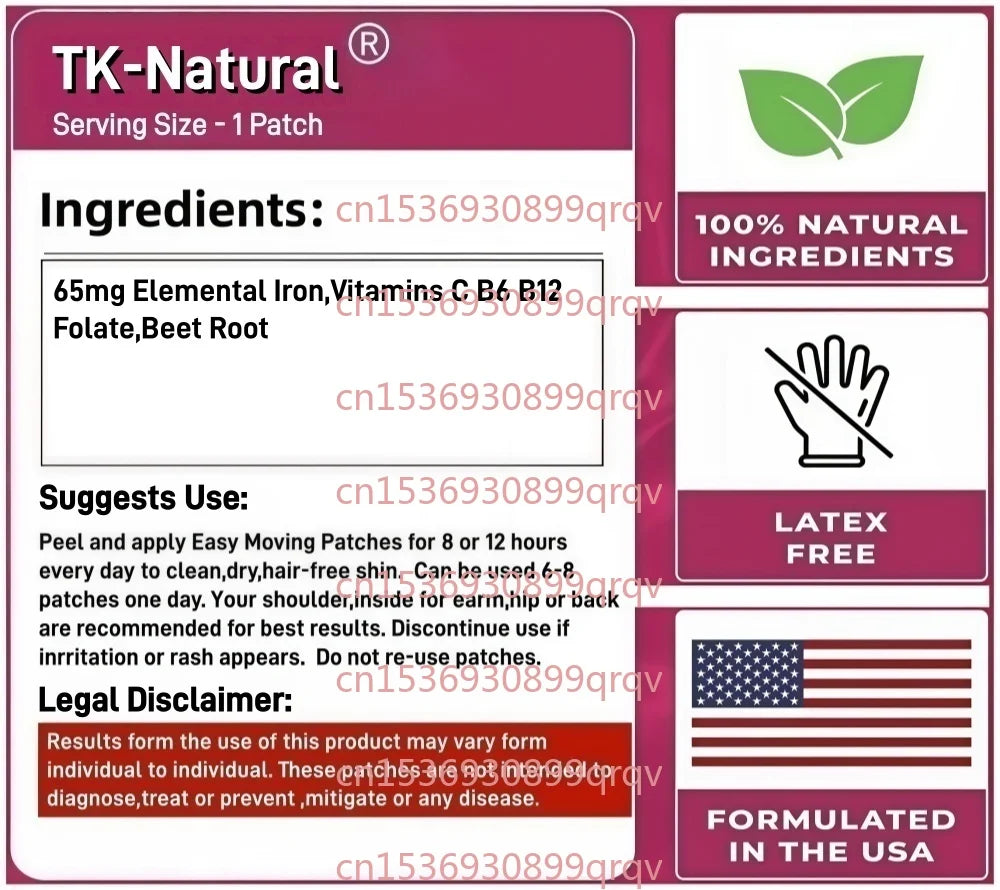 30 Patches Iron Bisglycinate Transdermal Patches for for Women and Men With Folate for Energy Production & Blood Health