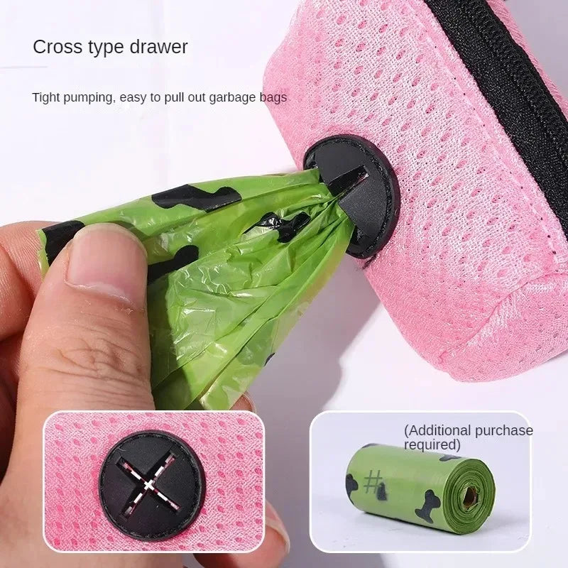 Pink mesh dog poop bag dispenser for easy leash attachment, featuring a cross-type opening for quick bag access.