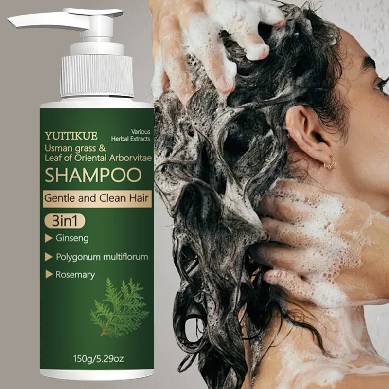 Usman Grass and Oriental Cedar Leaf Shampoo, strengthens hair roots, controls oil, cleanses the scalp, and promotes hair growth
