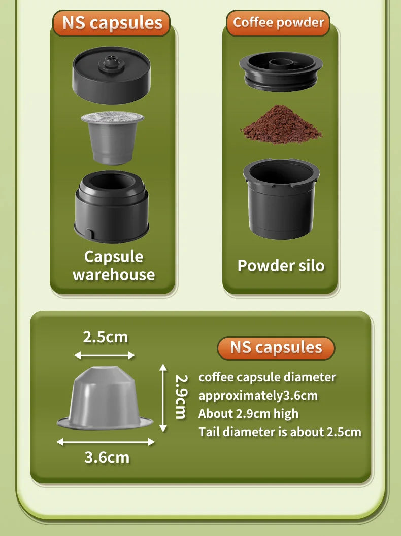 Coffee maker accessories: black capsule warehouse and powder silo adapter with 3.6cm NS capsule dimensions infographic.