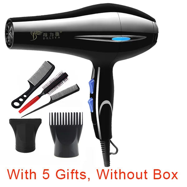 Black professional hair dryer with hot/cold settings, styling attachments, and comb set for salon or home use.