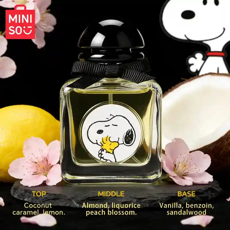 MINISO x Snoopy 50ml women's fruity floral perfume. Square glass bottle, coconut, peach blossom & vanilla notes.
