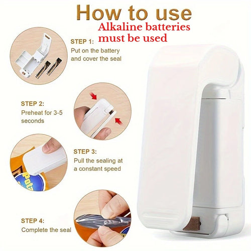 White bag sealer instruction diagram with battery preheat and sealing steps