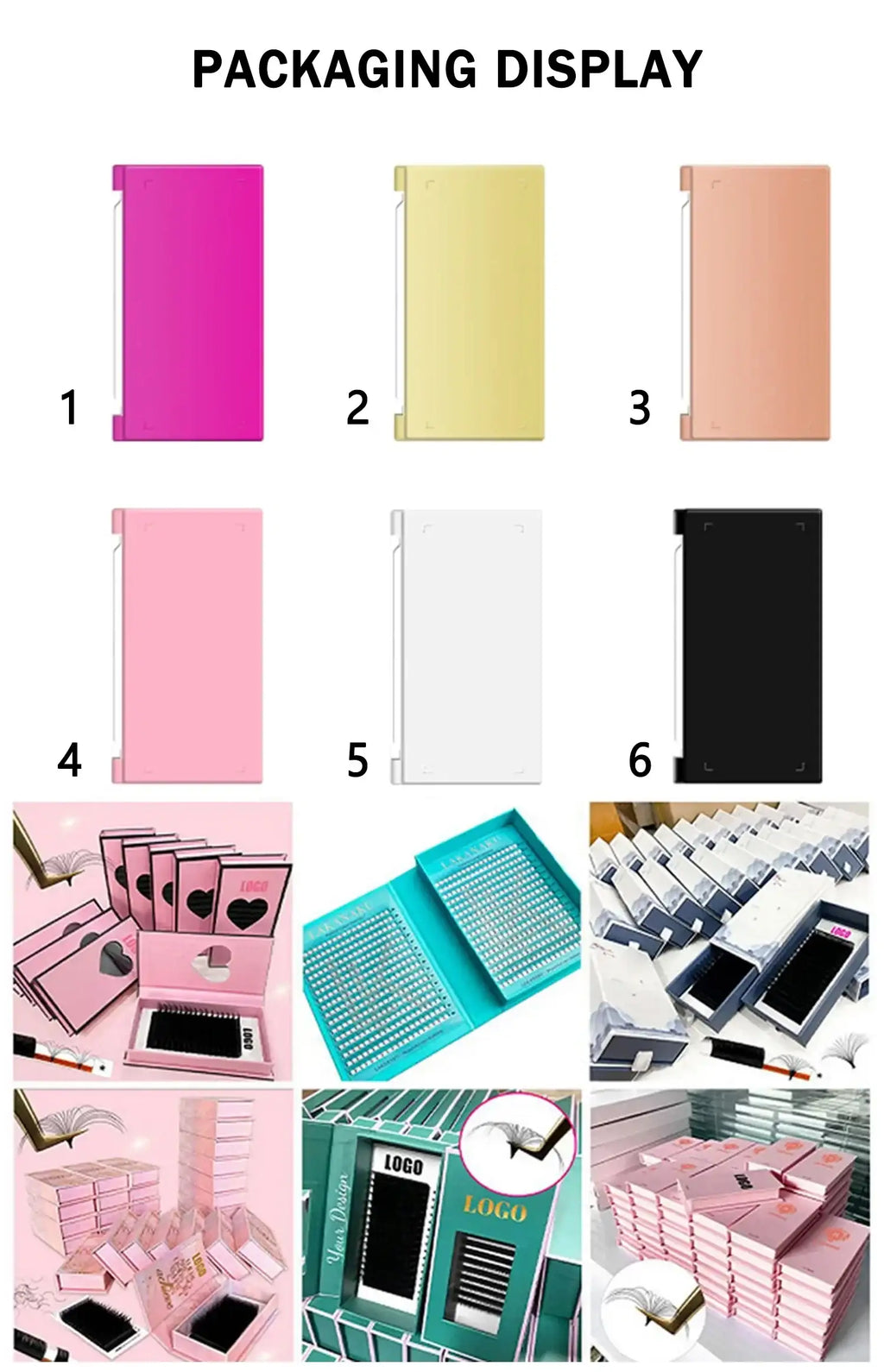 Rectangular eyelash extension storage boxes in various solid colors, designed to organize and protect lash trays.