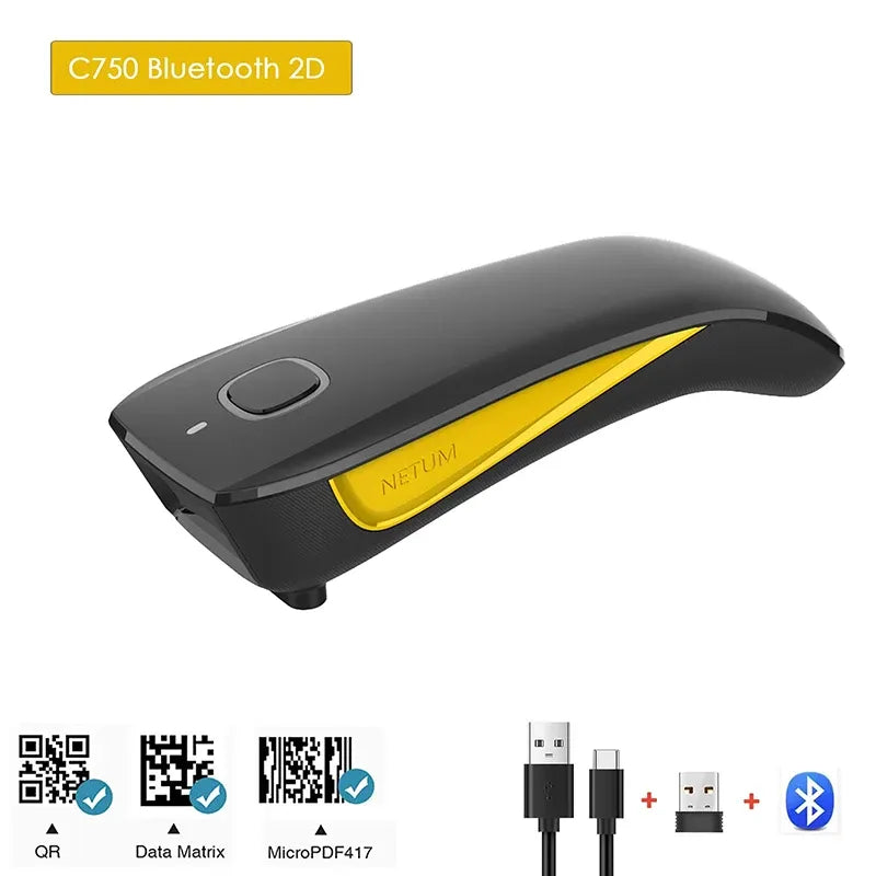 NETUM C750 Bluetooth 2D scanner, black with yellow panel, includes USB accessories