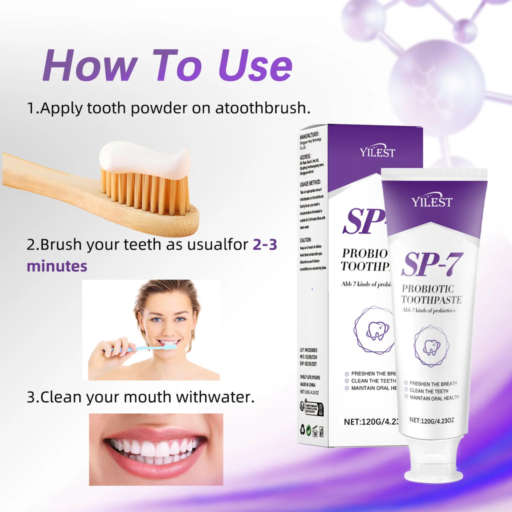 Tidesmit SP-7 Probiotic Toothpaste for teeth whitening, plaque removal, and fresh breath oral hygiene care.