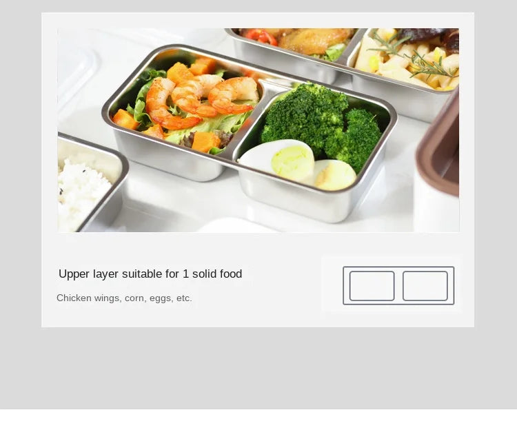 Electric lunch heating container with two stainless compartments of food and egg slices