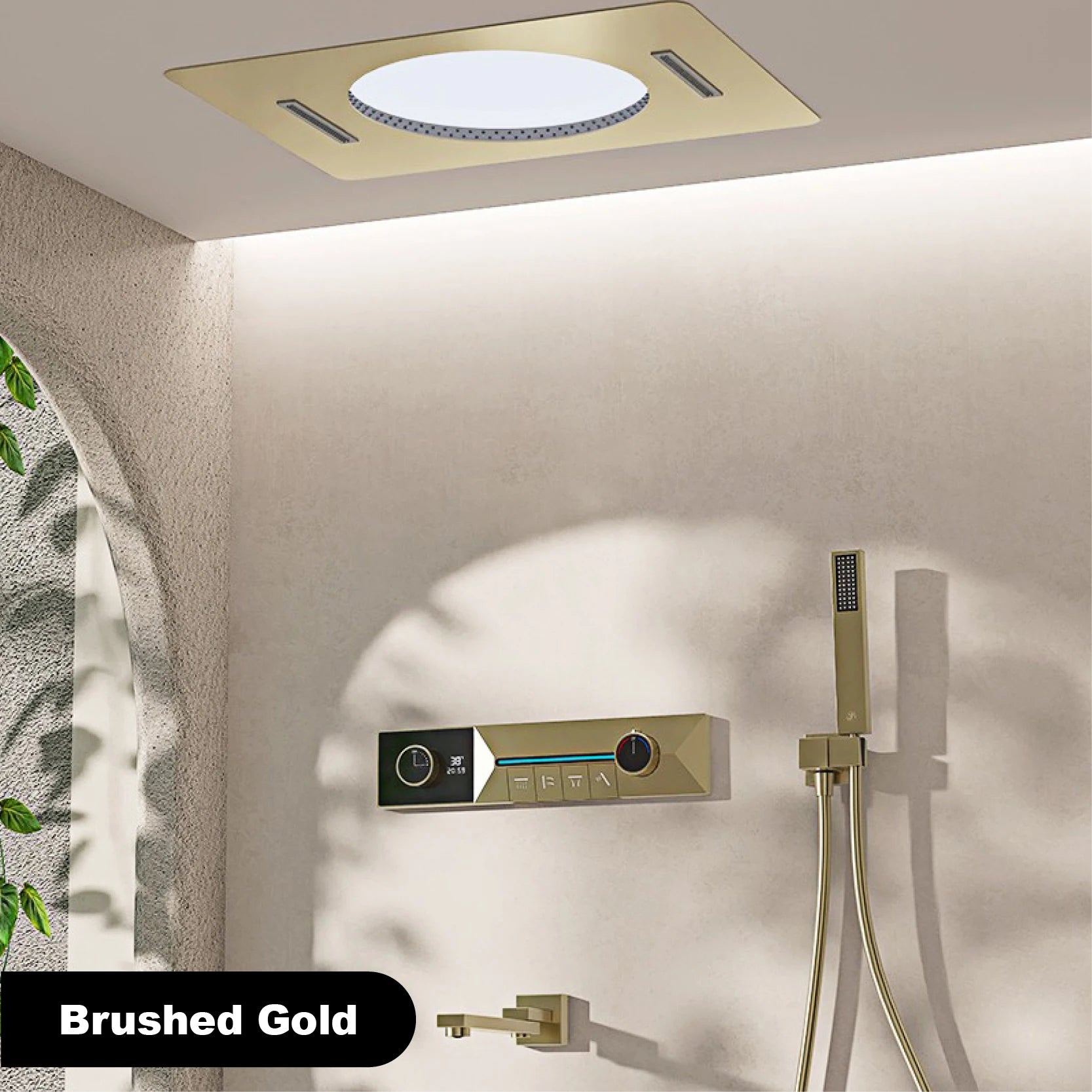 Gunmetal Gray Ceiling Mounted 4-Function Waterfall Shower System with Embedded Brass Thermostatic LED Display Body for Bathroom
