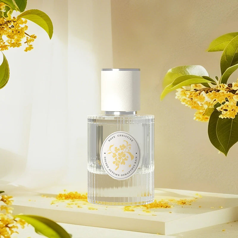 Hope Christine Osmanthus Rain floral perfume for women. 50ml ribbed glass bottle with white cap, long-lasting scent.