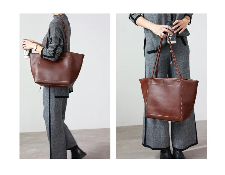 Women Large Capacity Genuine Leather Tote Soft Shoulder Bag