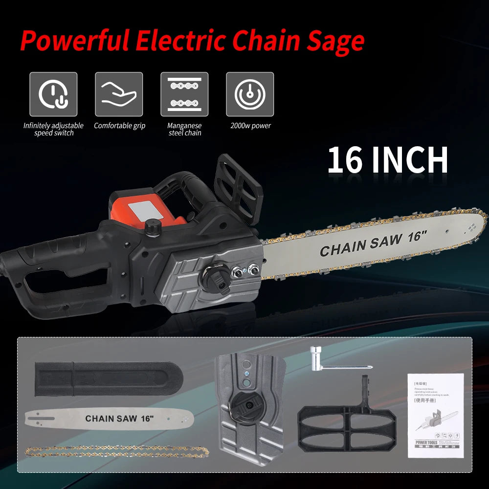 Podofo 16" 2000W Electric Large Chain Saw 16inch Corded High Speed Large Chain Saw Wire Motor Power Woodworking Cutter Garden Tool