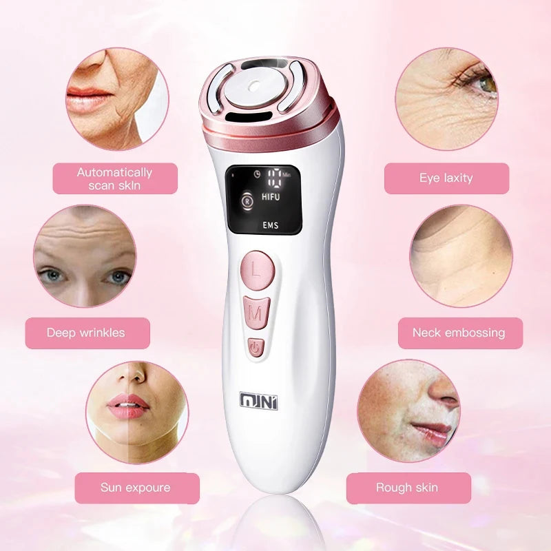 White and rose gold handheld HIFU and EMS skin tightening device with a digital display and control buttons.