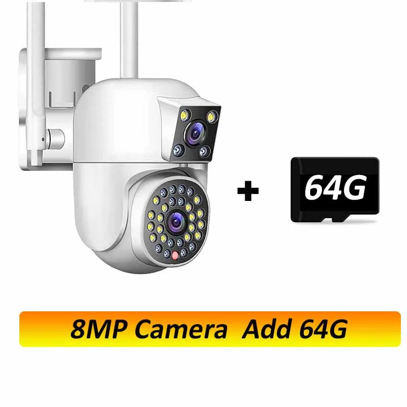 White PTZ dome security camera with three lenses and included 64G memory card
